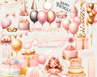 Pinke Geburtstags-Cliparts: Luftballons, Kuchen und Deko (87 PNG)