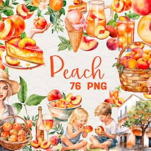 Aquarelle pêche clipart, grand ensemble d'art numérique 76 PNG Limonade à la pêche, gâteau, pêches, milk-shake, crème glacée et plus encore pour un usage commercial.