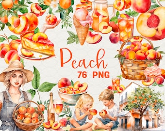 Watercolor Peach Clipart: 76 PNG Digital Art Set (Commercial Use)