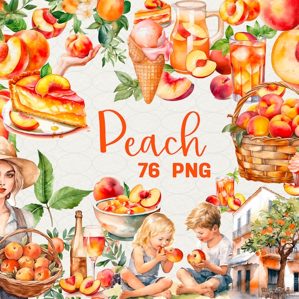 Watercolor Peach clipart, 76 PNG Big set digital art Peach lemonade, cake, peach fruits, milkshake, ice cream, and more for Commercial Use.