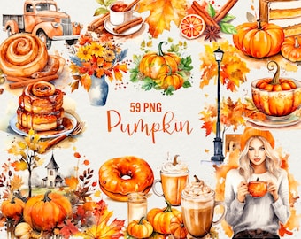 Watercolor Autumn Clipart: Pumpkin Spice, Leaves, Woman (59 PNG)