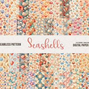 Papel digital de conchas marinas, 46 patrones sin costuras de conchas marinas, textura de fondo de conchas marinas, patrones de papel digital sin costuras, uso comercial