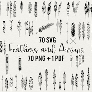 Clipart veren en pijlen, Clipart Boho Feathers - 70 SVG- en PNG-lijngetekende kunstillustraties, Instant Download, commercieel gebruik.