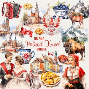 Clipart Pologne aquarelle, 56 png clipart traditionnel polonais, clipart Nature, clipart de voyage, aigle, bison, Tatras, pierogi, usage Commercial