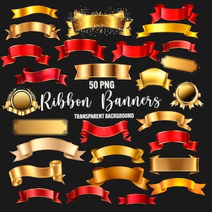 Ribbon Banners Clipart, 50 png red banners, gold ribbons, labels png, scrapbook, junk journal, transparent background, commercial use, ribbon overlays, paper crafts, red flag tag, gold flag tag, banner clip art graphics