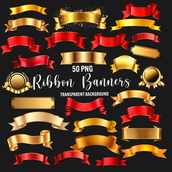 Red and Gold Ribbon Banners Clipart: 50 PNG Graphics (Commercial Use)