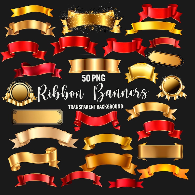 Ribbon Banners Clipart, 50 png red banners, gold ribbons, labels png, scrapbook, junk journal, transparent background, commercial use, ribbon overlays, paper crafts, red flag tag, gold flag tag, banner clip art graphics