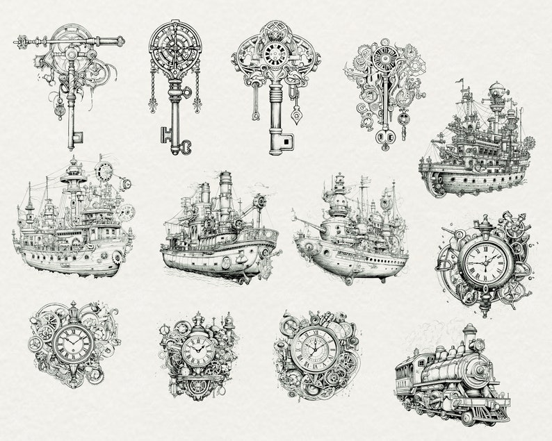 May include: A collection of 12 black and white line drawings of steampunk-inspired designs. The designs include keys, ships, clocks, and a train. The drawings are detailed and intricate, with many gears and other mechanical elements.