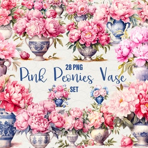 Könnte beinhalten: Eine Sammlung von Aquarellillustrationen mit rosa Pfingstrosen in verschiedenen Vasen. Die Vasen haben blau-weiße Muster. Der Text "Pink Peonies Vase Set" ist im Bild zu sehen.