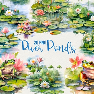 Aquarela Rio Lagoa Clipart, 20 PNG Lily Lagoas Clipart verão rio sapo lagoa Aquarela Primavera Clipart Sublimação. Uso Comercial