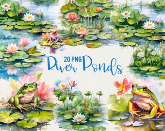Clipart de estanque de río en acuarela: Nenúfares y ranas (20 PNG, uso comercial)