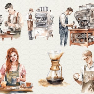 May include: A watercolour illustration of five people making coffee. The illustration shows different methods of coffee brewing, including a pour-over coffee maker, a French press, and an espresso machine. The illustration is set against a light beige background.