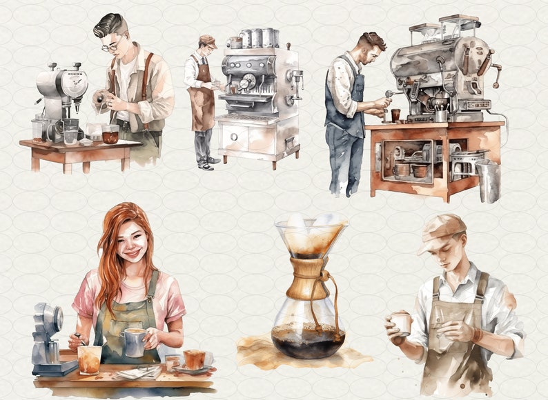 May include: A watercolour illustration of five people making coffee. The illustration shows different methods of coffee brewing, including a pour-over coffee maker, a French press, and an espresso machine. The illustration is set against a light beige background.
