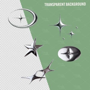 Metal star PNG bundle with 45 chrome aesthetic clipart designs, including silver starbursts, shooting stars, spiked stars, outlined stars, orbiting planets, crescent moons, and celestial shapes. Trendy Y2K and futuristic style, perfect for digital art, sublimation, scrapbooking, websites, social media posts, Twitch overlays, and DIY crafts. Each PNG has a transparent background, ideal for Canva, and other design platforms. Great for aesthetic and gothic projects.