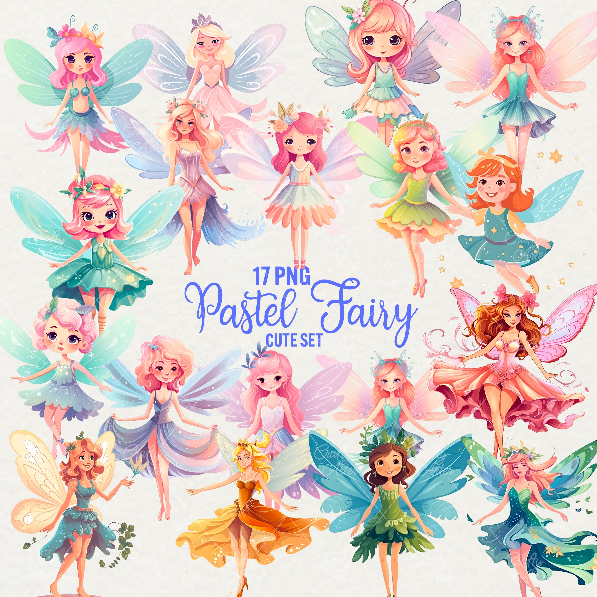 Pastel Fairy Clipart: 17 PNG Cartoon Fairytale Graphics 