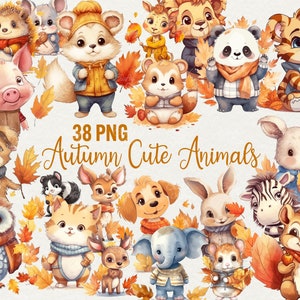 Aquarel herfst dieren clipart, 38 png aquarel herfst herfst illustratie herfst leeuw, eekhoorn, panda, giraf, kat, hond commercieel gebruik