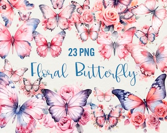Clipart di farfalle ad acquerello: illustrazioni floreali rosa (23 PNG) per uso commerciale