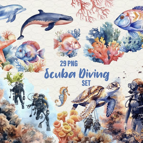 Scuba Diving Clipart, Diving PNG, Active Recreation Diver Clipart, Coral clipart, sea horse, sea star, fish, dolphin, turtle, Commercial Use