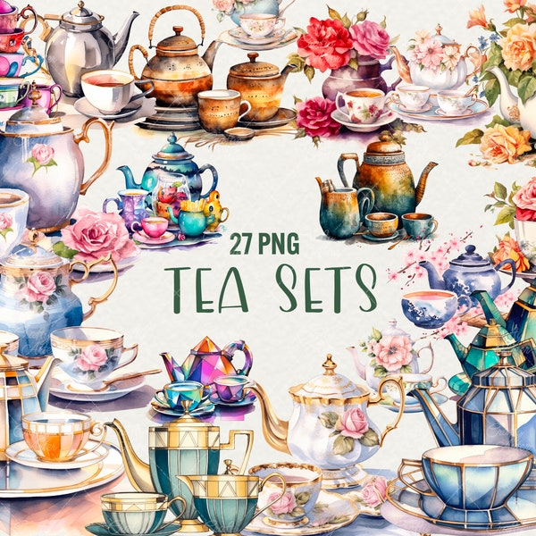 Watercolor Vintage Tea Set Clipart, watercolor tea clipart, 27 PNG Tea ceremony, Commercial Use.