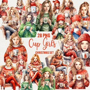 Christmas Cozy Girls Clipart, 28 PNG Watercolor girl with warm cup Christmas illustration, Holiday sweater Clip art cozy, Commercial use