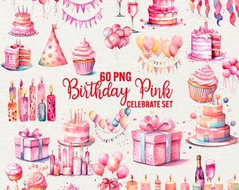 Aquarell Rosa Geburtstag Clipart: Party Illustrationen (PNG, Kommerzielle Nutzung)
