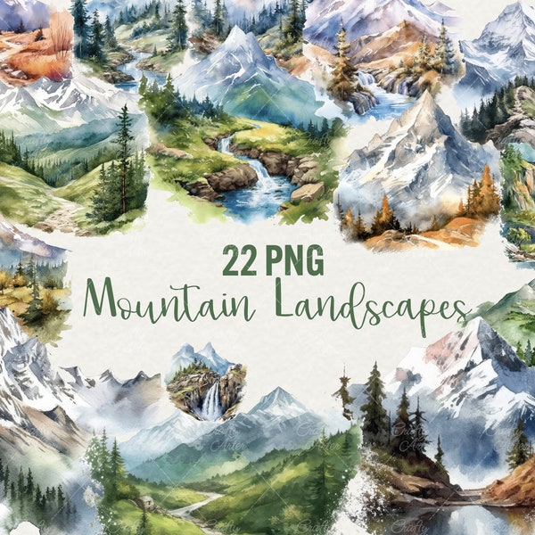 Aquarelle montagne clipart, 22 png montagnes paysage clipart, clipart Nature montagne, clipart voyage, usage Commercial
