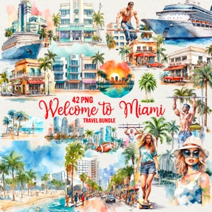 Aquarell Miami Clipart-Set, 42 png Sommer Clipart, Strand Florida Clipart, Reise Clipart, kommerzielle Nutzung