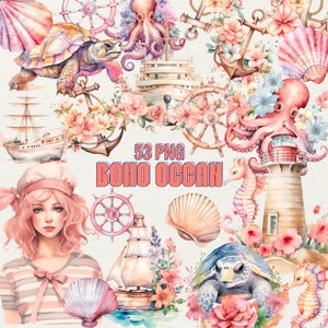 水彩ボヘミアン 夏の海のクリップアート、53 PNG 海のビーチのクリップアート 航海のクリップアート 貝殻 カメ 船 灯台、商用利用