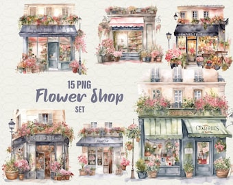 Watercolor Flower Shop Clipart: Spring Bouquets, Paris Florals (15 PNG) Commercial Use