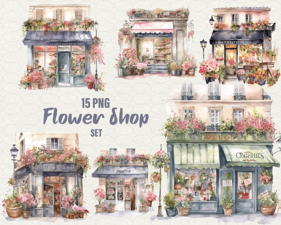 Watercolor Flower Shop Clipart: Spring Bouquets, Paris Florals (15 PNG) Commercial Use
