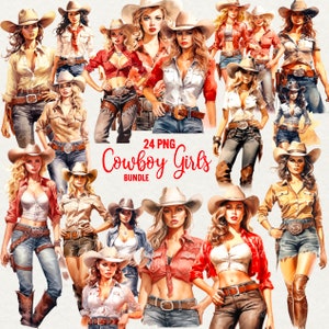 Clipart de meninas cowboy aquarela, 24 PNG mulher cowboy do Texas, conjunto de meninas ocidentais, uso comercial