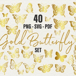 40 Gold Butterfly Clipart PNG, Butterfly SVG vector para Adesivos Gold Butterfly Bundle Clipart Ilustrações Conjunto, Uso Comercial