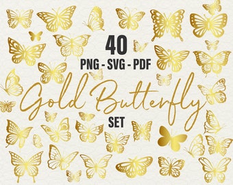 Gold Butterfly Clipart: 40 PNG SVG Vector Illustrations (Commercial Use)