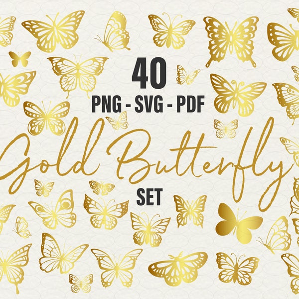 40 Gold Butterfly Clipart PNG, Butterfly SVG vector for Stickers Gold Butterfly Bundle Clipart Illustrations Set, Commercial Use