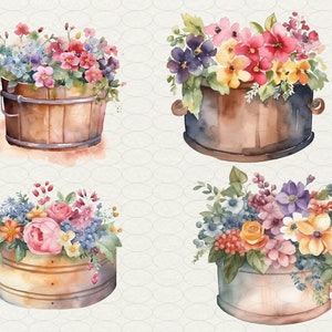 May include: Four watercolor paintings of flower arrangements in wooden and metal containers. The flowers are in shades of pink, purple, yellow, and orange.