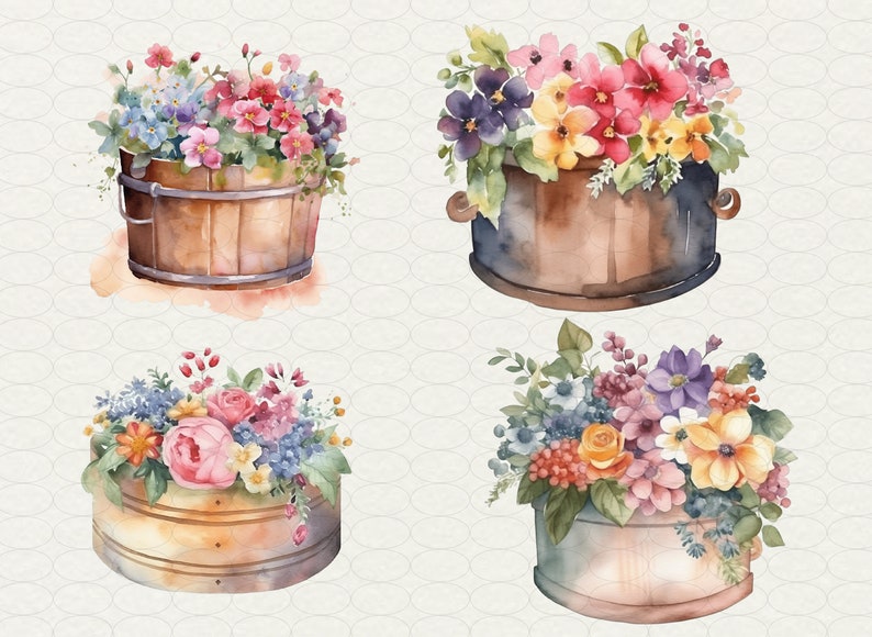 May include: Four watercolor paintings of flower arrangements in wooden and metal containers. The flowers are in shades of pink, purple, yellow, and orange.