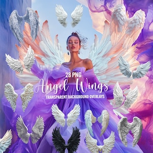 Sobreposições de asas de anjo, sobreposição de asas de anjo de 28 png, asas de penas realistas, sobreposição de photoshop, fundo transparente para uso comercial