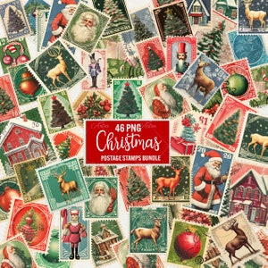 Paquete de imágenes prediseñadas de sellos postales navideños, 46 imágenes prediseñadas PNG de acuarela navideña, imágenes prediseñadas de invierno, imágenes prediseñadas de carta de Papá Noel navideño, uso comercial.