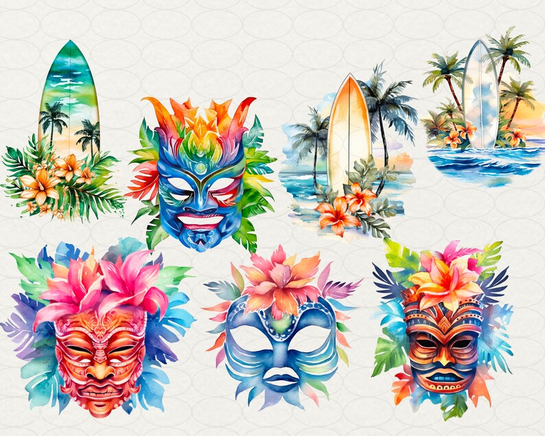 Summer Hawaii Clipart, Aloha Hawaii Watercolor, 64 PNG Hawaii clip art Digital art, flowers, drinks, surfing, beach, palms, Commercial use. Hawaii party, luau Hawaii