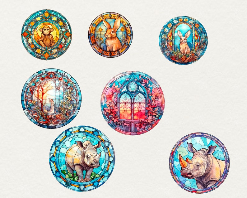 Watercolor Stained Animals Clipart, 51 png Stained Watercolor glass Window PNG, Fantasy animal Clipart, Window animal PNG, Commercial Use