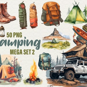Clipart de acampada en acuarela, campamento al aire libre, hoguera, mochila, tienda de campaña, ilustración digital imprimible por sublimación, clipart de acampada, senderismo en la naturaleza