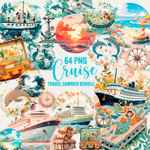 Clipart voyage croisière, voyage d'été 64 Png, navires de croisière, aquarelle de l'océan, dauphin Png, vacances d'été, téléchargement numérique, usage commercial.
