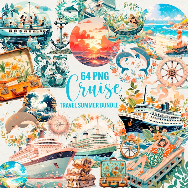 Clipart di viaggio in crociera, viaggi estivi 64 Png, navi da crociera, acquerello dell'oceano, Png dei delfini, vacanze estive, download digitale, uso commerciale.