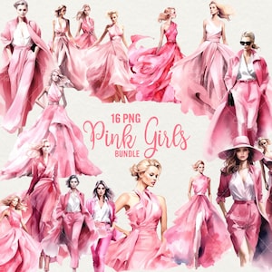 Clipart di donne con abito rosa, clipart di ragazze con acquerello, 16 PNG donna con abito rosa, belle donne ragazza donna, download immediato, uso commerciale