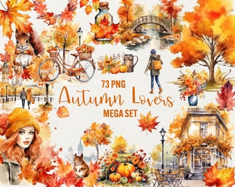 Watercolor Autumn Clipart: 73 PNG Fall Illustrations (Commercial Use)