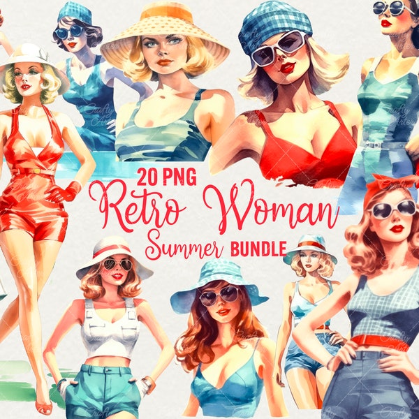 Retro Sommer Frau Clipart, 20 PNG Bündel Aquarell Mädchen Pool Grafiken, Mode Bademode Urlaub Mädchen Clipart, kommerzielle Nutzung