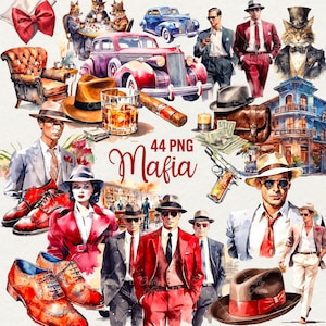 Aquarell Mafia Clipart Bundle, 44 PNG Retro Clip Art, Retro Mafia Frau, Männer, Mafia Auto, Zigarre, Hut, Whisky Vintage für kommerzielle Nutzung.