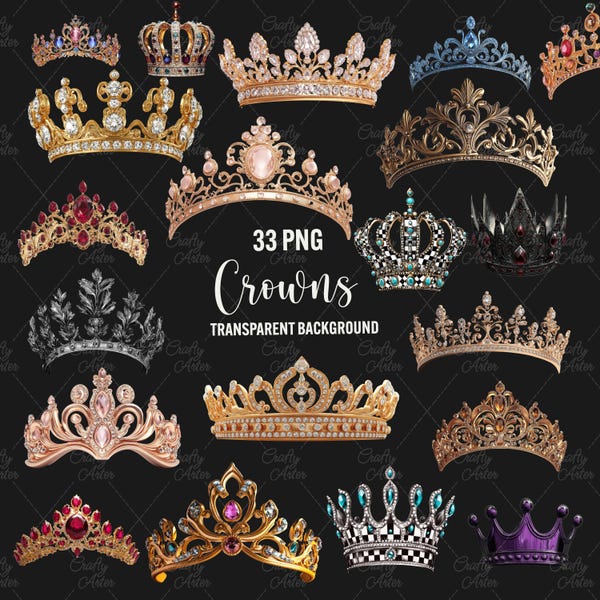 Royal Crowns Clipart: 33 PNG Tiara Overlays (Digital Download)