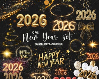 May include: A set of 42 New Year's Eve graphics featuring gold and red 2026 numbers, sparkling fireworks, confetti, and a gold bow. The graphics are on a black background and are perfect for creating festive designs.