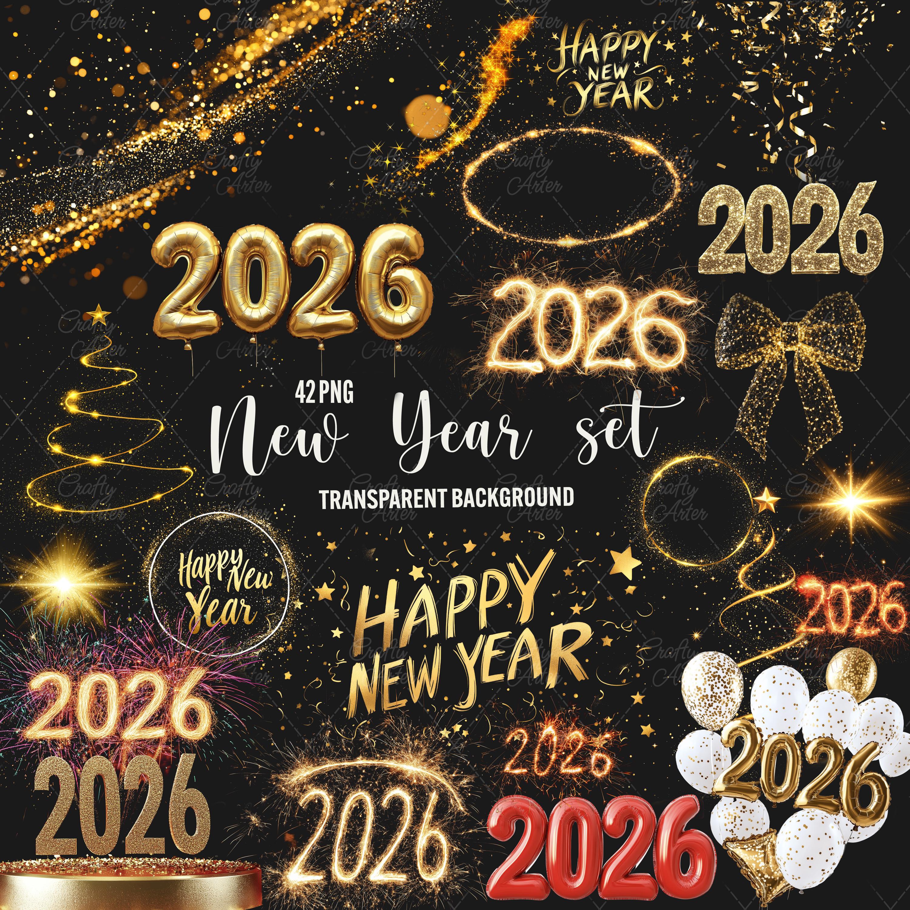 New Year 2026 PNG Clipart: Gold Sparkle Overlays (digital Download